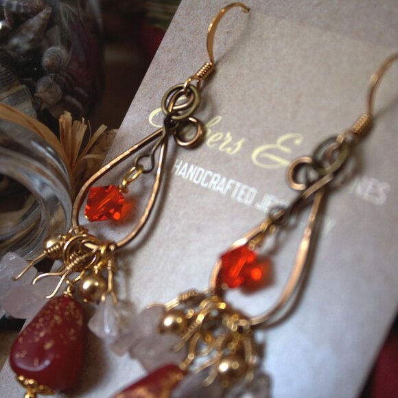 Brass Wire Pink & Red Dangle Earrings - Picture 4 of 4